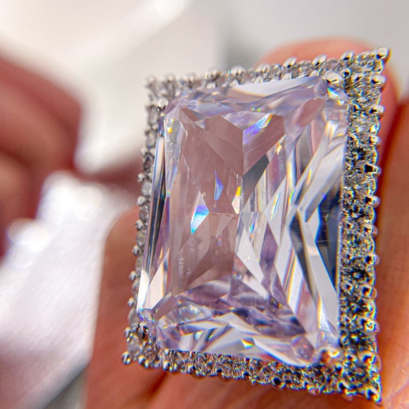 Enormous Radiant Cut Cubic Zirconia Cocktail Ring with Round Stones - Picture 4 of 7